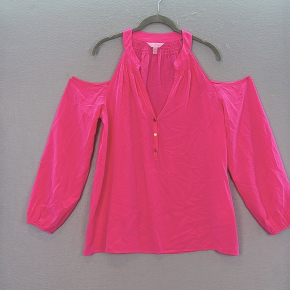 Lilly Pulitzer - women’s 100% silk Cold Shoulder long sleeve blouse pink top M - Picture 5 of 10